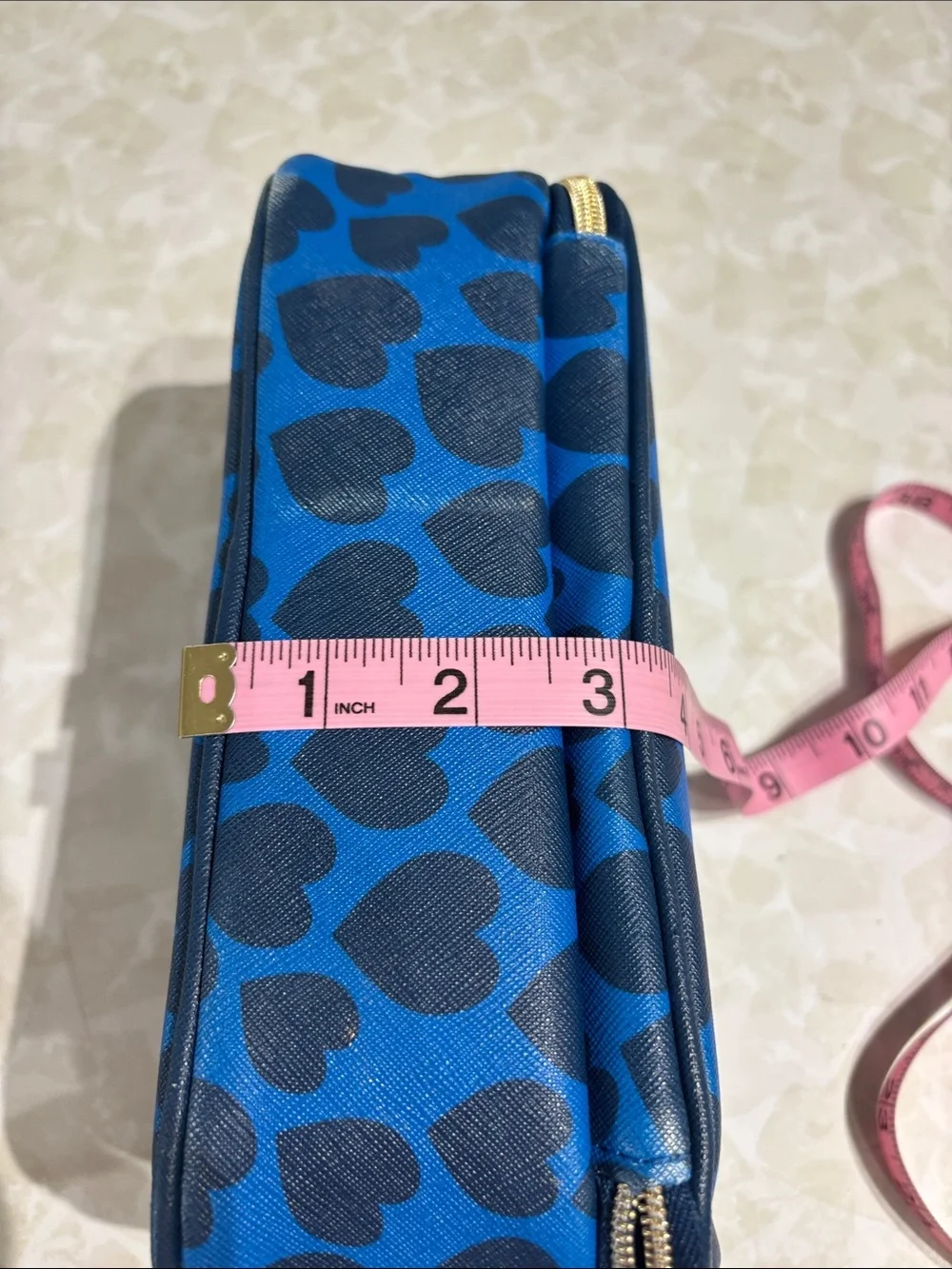 Dabney Lee Multiple Compartment Blue Cosmetic Pouch with Navy Heart Print